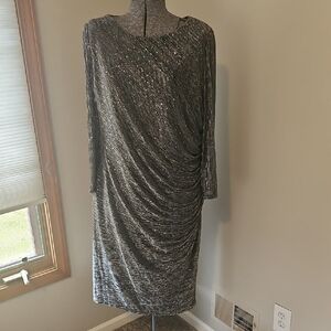 R&M Richards Metallic Ruched Silver Midi Dress